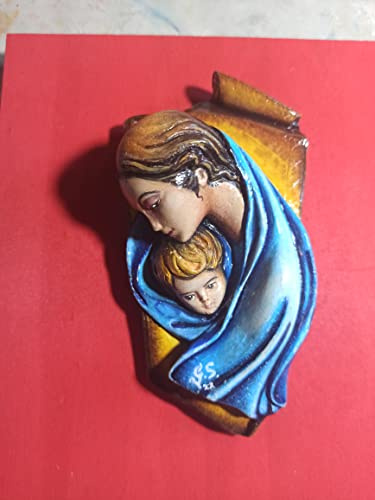 MADONNA CON BAMBINO GESU,Maternita’ rotolo fondo rosso cm17.5 x 18.5
