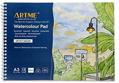 ARTME Bloc Aquarelle A3, 12 Feuilles 300gsm, Pressé à Froid, Sans Acide, Papier Aquarelle Pro pour Peinture et Croquis
