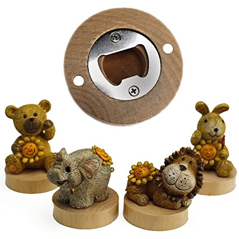 DLM 32719 (Kit 12 Pezzi) Apri Bottiglie Apribottiglie con Calamita Moderno Design Tondo in Legno Animali Animaletti Orsetto Coniglio Elefante Leone bomboniera