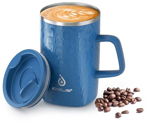 Ideus 16 oz Insulated Stainless Steel Coffee Mug with Lid, Leopard Blue | 18/8 Stainless Steel | Double Wall Vacuum | 3D Print Finish | Sweat-Free Exterior | Sliding Lid | Ideal for Home & Office