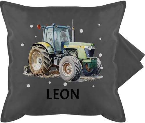 Kissenbezug - Trecker Name I Trecker Fan I Traktor Geschenk personalisiert I Geschenk Landwirt - 50 x 50 cm - Grau - traktorkissen personalisiertes Kissen Bulldog Leon baumwollkissen Tractor Pillow