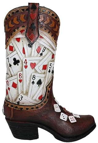 Ebros Gift Rustic Country Western Gambler Casino Poker Cards and Dice Faux Tooled Leather Cowboy Boot Decorative Flower Vase Or Planter Figurine 10.25 H