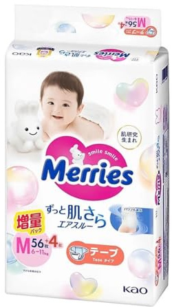 Merries Tejptyp Medium Storlek 6-11 kg (upp till 25 lbs) Unisex 56 + 4 antal värdepaket blöjor, Tillverkad i Japan