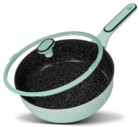 STONELINE Schmorpfanne 28 cm Antihaft Pfanne hoher Rand, Tiefe Pfanne mit Deckel Induktionspfanne Beschichtet mit echten Steinpartikeln, alle Herdarten und Backofen, ohne Fett und Öl braten, Mint
