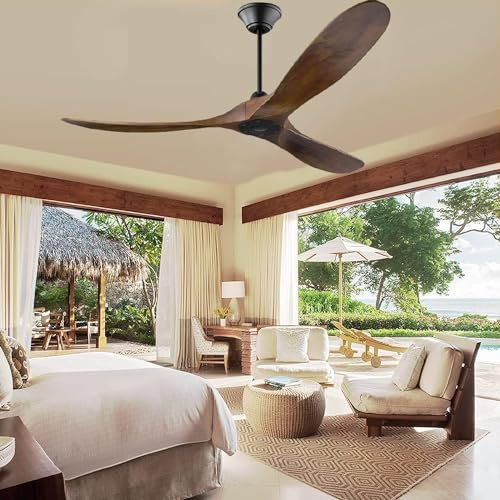 MSHENUED 70 Inch Rustic Outdoor Ceiling Fans, Solid Wood Ceiling Fan No Light with Remote, Farmhouse Large Ceilling Fan for Patios Indoor High Low Sloped Ceiliing, Brown DC Ceiling Fan