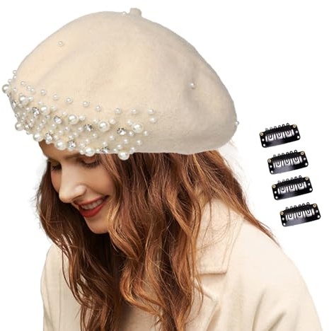 JK Home Pearl Rhinestone Wool French Beret Hat with 4pcs Fasten Snap Clips U-Shape Metal Clips, Women Classic Cashmere Warm Artist Painter Hat Newsboy Dome Bowler Cap Fancy Dress Theme Hats