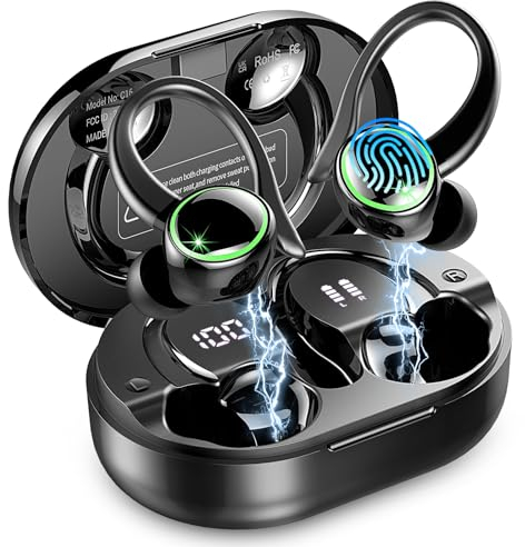 Wireless Earbuds, Bluetooth 5.3 Headphones, 50H+ Playtime Stereo Noise Canceling Headphones with 4 ENC Mic, Sport Ear buds with Earhooks, IPX7 Waterproof Wireless Earphones for Sport/Running/Gym Black
