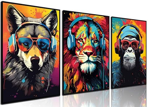 3pcs Gaming Wall Art Animal Graffiti Posters Pictures With Headphones Sunglasses Gorilla Tiger Wolf Cool Gamer Canvas Prints Colorful Graffiti Paintings for Teens Game Boys Room Wall Decor Unframed