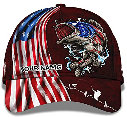 Sommer Kappe Bass Fishing Hooked Fish Und Us-Flagge Personalisieren Sie Den Namen Gedruckt Golf Caps Verstellbare Sonnenblende Mütze Original Schirmmütze Basecap Für Golf, Teenager, Running