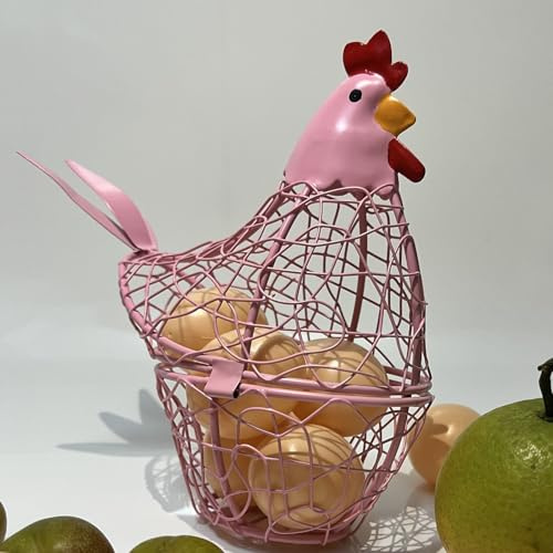 Wire Chicken Egg Basket for Desktop Decorative Ornaments,Egg Holder Chicken Shape Metal Egg Basket for Kids Gathering Fresh Eggs Farmhouse Rooster Wire Basket for Kitchen Countertop Decoration (Pink)