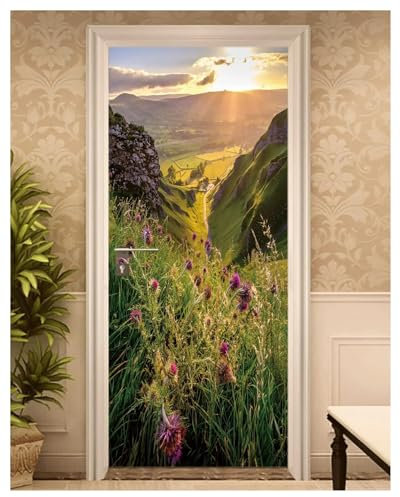 Türaufkleber Türtapete Türbilder Türposter 3D Natur Wasserfall Tür Aufkleber Herbst Tapete Berg Fluss Landschaft PVC Selbstklebende Wandbild Haus(M,77x200cm)