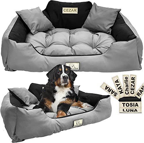 EDANTI Lit pour chien Coussin pour chien Lit pour chat Personnalisé Canapé pour chien avec nom L - XL pour grands, moyens et petits chiens (Gris foncé, 145x115 cm)