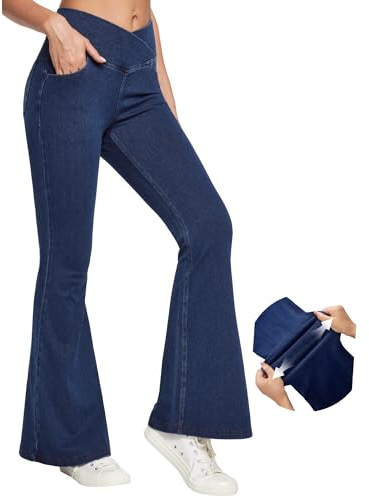 IUGA Stretchy Jeans for Women Bell Bottom Jeans V Cross High Waisted Jeggings Pull On Wide Leg Sweatpant Jean Flare Leggings(Dark Blue, X-Large)