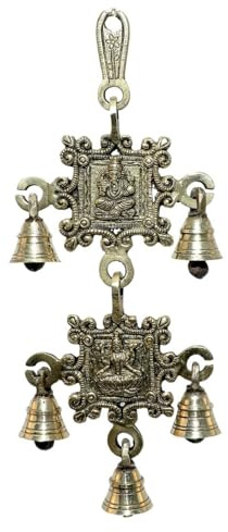 5 Bells Brass Ganesh and laxmi Hindu Statue Home Temple Use Statue Hindu Idols Figure Hanging Bells Unique for Door Wall Home Traditional Festival New year Decorations (Size:-10 Inches X 4 Inches)