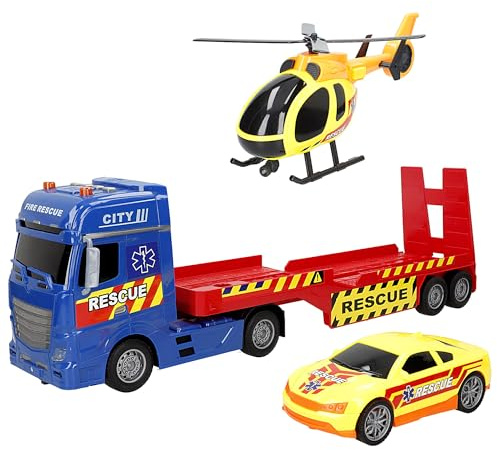 ColorBaby 39051 Speed & Go lastbilshållare leksaksbil, inklusive bil och helikopter, med ljus och ljud, manuell ramp, friktionssystem, skala 1:12, barnbilar från 3 år
