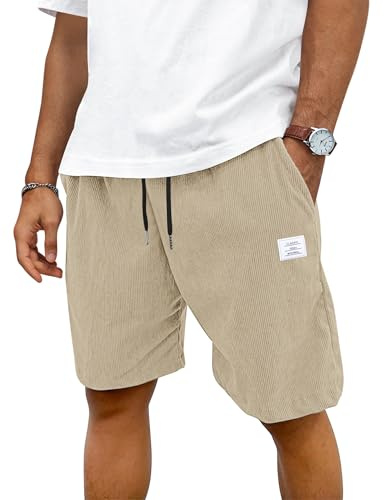 TARAINYA Mens Corduroy Shorts Cotton Drawstring Men's Summer Stretch Casual Short with Pockets Light Khaki L