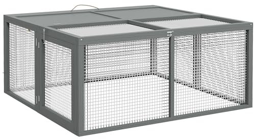 PawHut Kaninchenstall für Zwergkaninchen aus Holz, Klappbar Kleintierstall mit Freilaufgehege, Zwergkaninchenstall mit aufklappbarem Dach Griff für Meerschweinchen, Grau, 110 x 105 x 50 cm