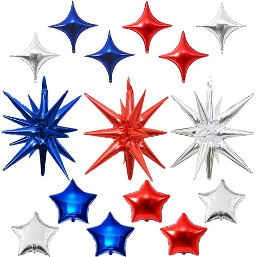 Froova Red Blue White Star Balloons, 22in Spike Cone Star Foil Balloons