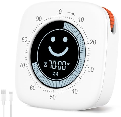 Cuteefun 100-minuters visuell timer, pomodoro-timer med leende ansiktsskärm, snabb justering, tyst och vibrerande läge, justerbar volym, timer för kök, möten, studier