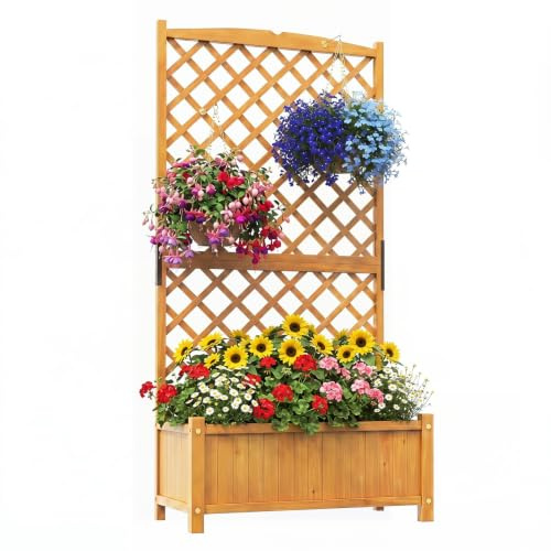 GOPLUS Jardinière avec Treillis 180cm en Bois, Brise Vue, Naturel Vernis | 4 Trou de Drainage pour Plantes Grimpantes, Fleurs, Bac à Fleurs avec Treillis pour Cour, Jardin, Balcon, 90x44,5x180,5CM