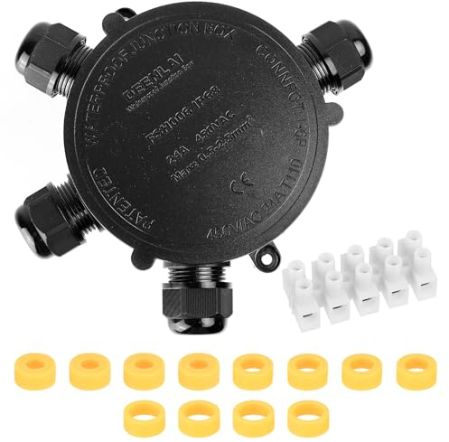 Abzweigdose Wasserdicht IP68, Verteilerdose Außen Wasserdichte Kabelverbinder, 4 Wege Rund Elektrische Verteilerbox für Garten Erdkabel 5-15 mm², mit Klemmen und Verbinder, Schwarz