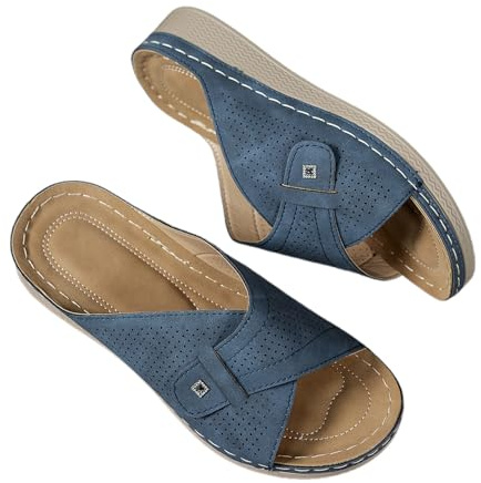 Zapatos de verano para mujer, diseño de tacón de cuña con punta abierta, tacón medio cómodo, chanclas de moda con suela gruesa para el uso diario Zapatos festivos mujer planos, azul oscuro, 39 EU