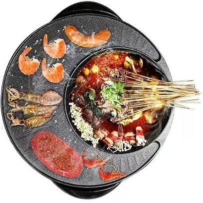 Electric Hot Pot and Grill, Non-Stick BBQ Grill with Adjustable Plate and Glass Lid, High Efficiency Cooking for Home Kitchen