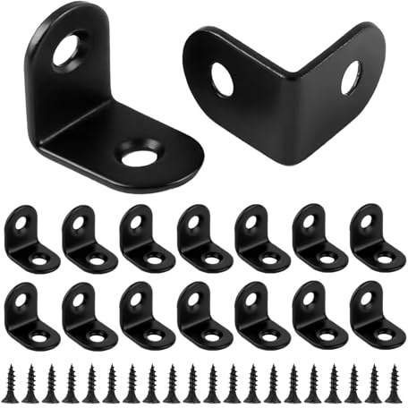 16pcs Small Angle Brackets, 20 × 20mm L Brackets, Right Angle 90 Degree Bracket with 32 Screws, Stainless Steel Corner Bracket for Wood for Furniture Desk Table Shelf Corner Braces- Black