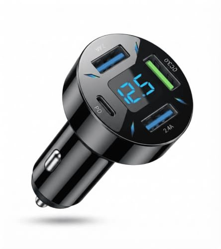 4-Port USB C Auto Ladegerät Adapter für Zigarettenanzünder, 50W QC3.0 PD Schnellladegerät mit LED Voltmeter, 12V USB Buchse, kompatibel mit iPhone, Android, Samsung, Tablet und Allen Smartphones