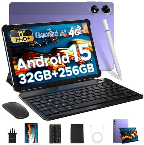 Tab G6+ Android 15 Tablet with Keyboard, 8000mAh Battery Gemini AI Tablets 11 Inch, Unisoc T7280 Octa Core 32GB+256GB/2TB, Widevine L1, Gaming Tablet with Pen, Mouse&Case, BLACK