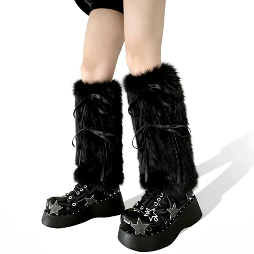 Faux Black Fur Leg Warmers, Fluffy Leg Warmers Boots Covers for Women And Girls, Warm Furry Fur Boots Y2k Leg Ankle Warmer Costume Accessories for Christmas Secret Santa Cosplay Everyday Winter Wear
