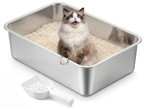 Feandrea Bandeja Sanitaria para Gatos de Acero Inoxidable, Arenero Abierto con Pala, 50 x 35 x 15 cm, para Gatos Medianos y Grandes, Plateado PPT016E101