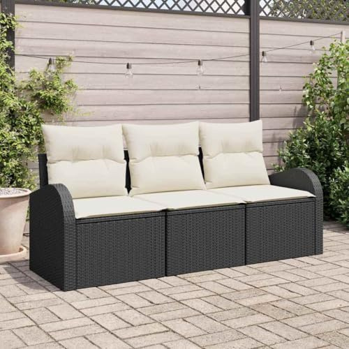 Kaloriko Garten-Sofa-Set mit Kissen, 3-teilig, Schwarz-Weiß Poly Rattan, Modulares Outdoor Loungeset, UV-beständig, Verstellbare Füße