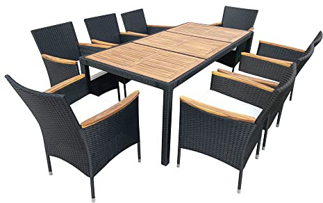 Panana 8 Seater Rattan Dining Set, Garden Table & Stackable Chairs with Acacia Wood Table Top & Cushions, All-Weather Patio Furniture for Conservatory Outdoor
