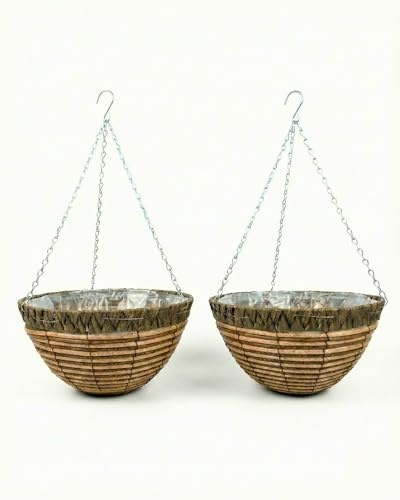 Growers Own Belvoir 14 Inch Round Hanging Planter Baskets - Set of 2 Decorative Outdoor Hanging Flower Baskets. Made From Durable Plastic Rattan. Ideal for Flowers, Cascading Vines & Trailing Plants