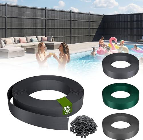 UISEBRT PVC insynsskyddsremsor med 120 fästklämmor för dubbla stavar och stängselmattor, 65 m x 4,7 cm insynsskydd staket, 100 % ogenomskinligt vindskydd, UV-resistent vattentät, antracit