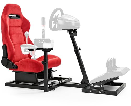 Anman Racing Simulator Cockpit, passend für Logitech G27, G29 und G920 sowie für Thrustmaster T300RS GT, Lenkradständer mit rotem Wildledersitz; Lenkrad, Schalthebel und Pedale sind NICHT im Lieferumf