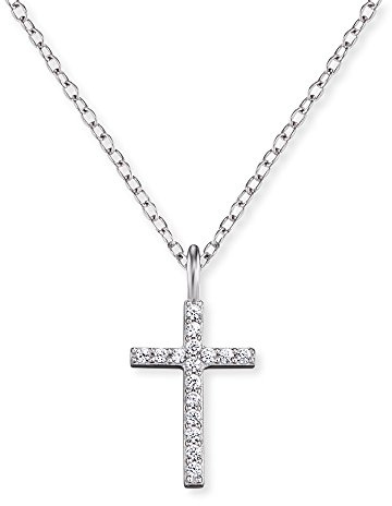 Engelsrufer Cross Kette mit Anhänger B: 8 mm, H: 12 mm, für Damen 925er Sterlingsilber besetzt mit 19 weißen Zirkonia Länge 38 cm, 4 cm