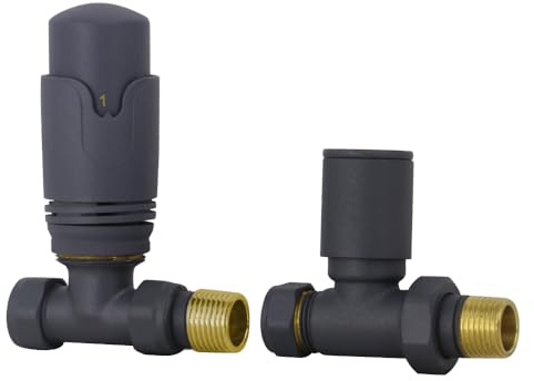 WarmeHaus Straight Thermostatic TRV Radiator Valve Pack Anthracite | Solid Brass, 15mm Inlet, 1/2” BSP MI Outlet