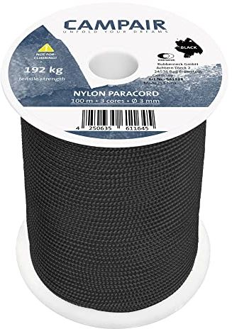 CampAir 100m Paracord Seil aus reißfestem Nylon 425 Type II 3mm Max. 192 kg, Schwarz