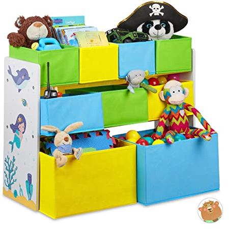 Relaxdays Kinderregal mit 9 Stoffboxen, Meerjungfrau Kindermotiv, Spielzeugregal Organizer HBT 66 x 82,5 x 29,5 cm, bunt