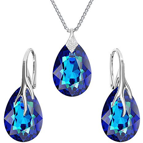 Ohrringe Hängend - Kette Damen mit Anhänger - Schmuck Set für Sie - mit Kristallen - Halskette Silber 925 - elegante Ohrringe - Kette Silber - Birnenform (Bermudablau)