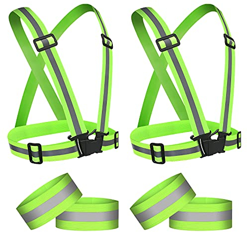 URAQT 2 Pack Reflective Vest Running Gear High Visibility Reflective 4 Wristbands, Adjustable Running Vest Safety Reflective Gear Night Walking Accessories For Cycling Running Men Women Kids Children