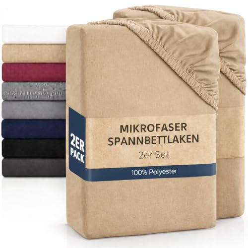 Basatex Spannbettlaken, 2er Pack, 90x200 bis 100x200 cm, Cappuccino | Microfaser, Spannbetttuch Doppelpack, praktischer Rundumgummizug, elastisch, hautsympatisch, auch für Allergiker geeignet