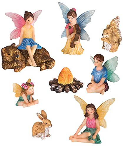 GloBrite Set of 9 Mini Fairies Family Set - Outdoor Garden Ornament Accessories, Miniature Fairy Figurines Statue for DIY Home Decoration