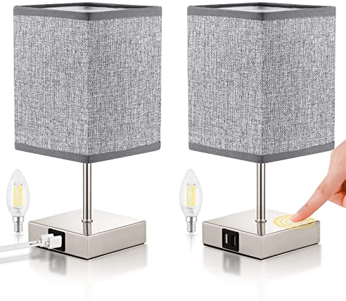 ShuBel Nachttischlampe touch dimmbar 2er set, LED Tischlampe vintage, mit 2 USB Schnellladeanschlüssen & 2 Dimmbare Glühbirne, Energiesparend, Augenschutz für Schlafzimmer, Wohnzimmer, Büro