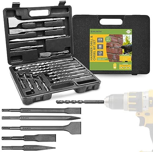 BLOSTM SDS Plus - Set di 17 punte a scalpello SDS e punte a percussione con custodia compatta per calcestruzzo, piastrelle, mattoni e altro ancora, 17 pezzi