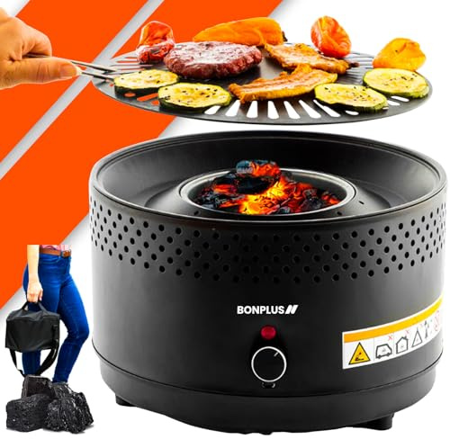 Bonplus BP | Griglia Portatile | Barbecue Senza Fumo | Griglia da Tavolo | Ventola Batteria | Facile da Pulire | Cottura Uniforme | Anti-aderente