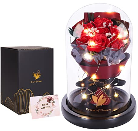 Dream of Flowers Eternal Beauty and the Beast Rose Bouquet - Mothers Day Rose Gifts for Mom, Grandma | Glass Dome Rose with 2 Light Modes, Sentimental Floral Gift, Birthday Gifts for Women