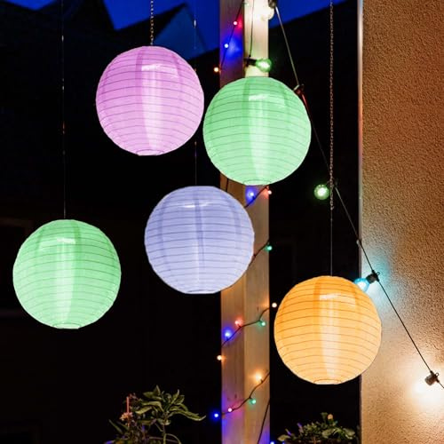 hellum LED Lampions außen wetterfest 5x bunt, Fernbedienung Batterie Ø30cm | LED Lampions bunt dimmbar für Hochzeitsdeko, Gartenparty, Balkon, Lampions outdoor mit versch. Funktionen 5xØ30cm 150384